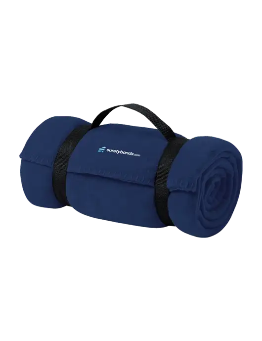Casual Navy Fleece Blanket With Strap  w/SuretyBonds.com Logo