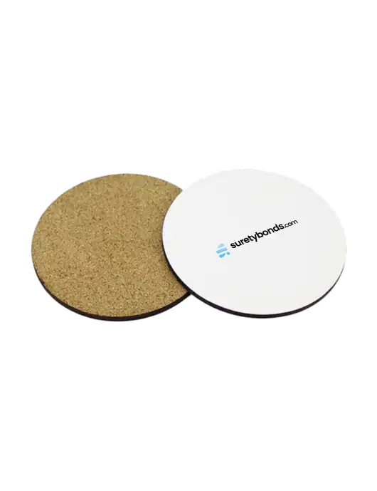 Gloss White Hardboard Round Coaster w/Cork Back, 3.75 w/SuretyBonds.com Logo