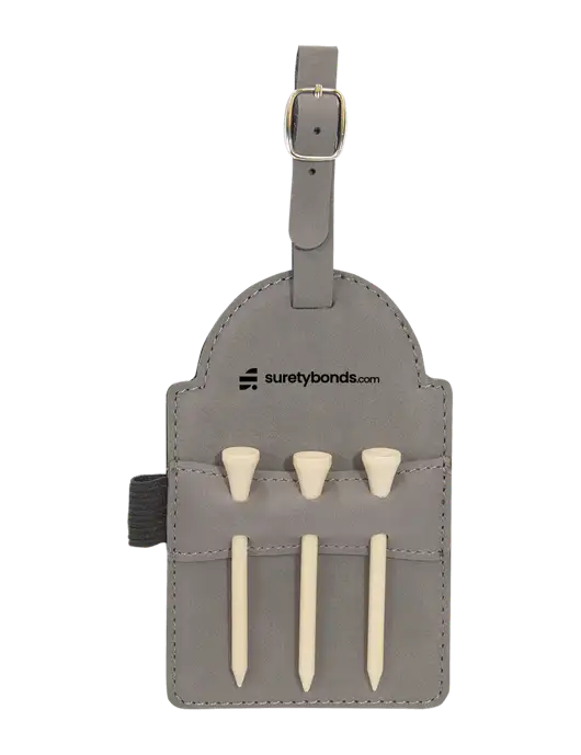 Grey Leatherette Golf Bag Tag with 3 Wooden Tees w/SuretyBonds.com Logo