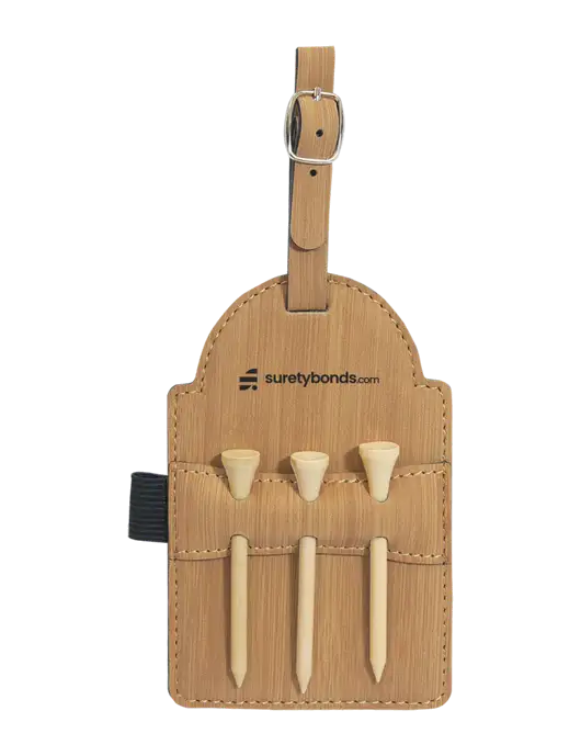 Bamboo Leatherette Golf Bag Tag with 3 Wooden Tees w/SuretyBonds.com Logo