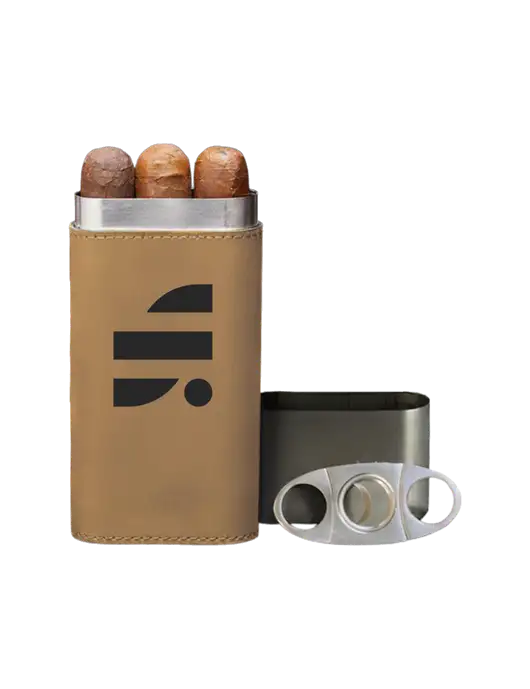 Tan Leatherette Cigar Case with Cutter w/SuretyBonds.com Icon Logo