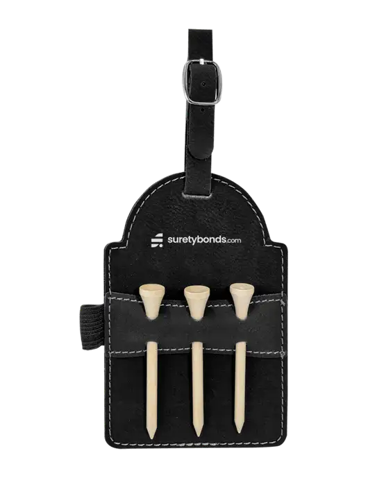 Black Leatherette Golf Bag Tag with 3 Wooden Tees w/SuretyBonds.com Logo