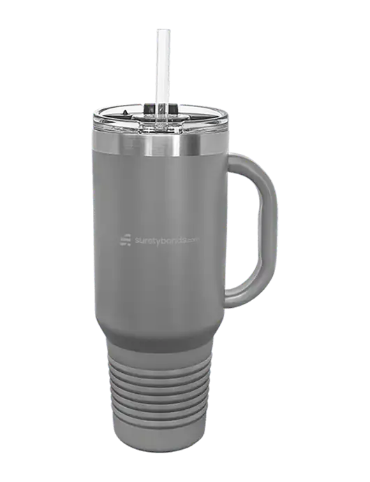 Polar Camel 40 oz. Powder Coated Vacuum Insulated Grey Travel Mug with Straw w/SuretyBonds.com Logo