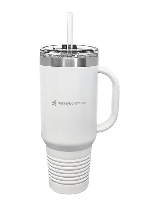 Polar Camel 40 oz. Powder Coated Vacuum Insulated White Travel Mug with Straw w/SuretyBonds.com Logo