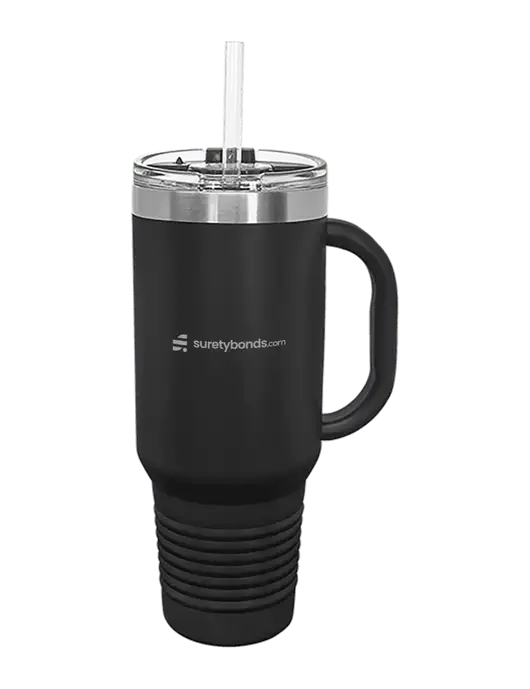 Polar Camel 40 oz. Powder Coated Vacuum Insulated Black Travel Mug with Straw w/SuretyBonds.com Logo