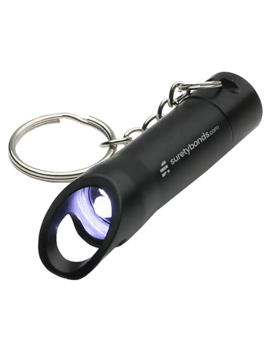Black Pocket LED Flashlight with Bottle Opener & Keychain w/SuretyBonds.com Logo