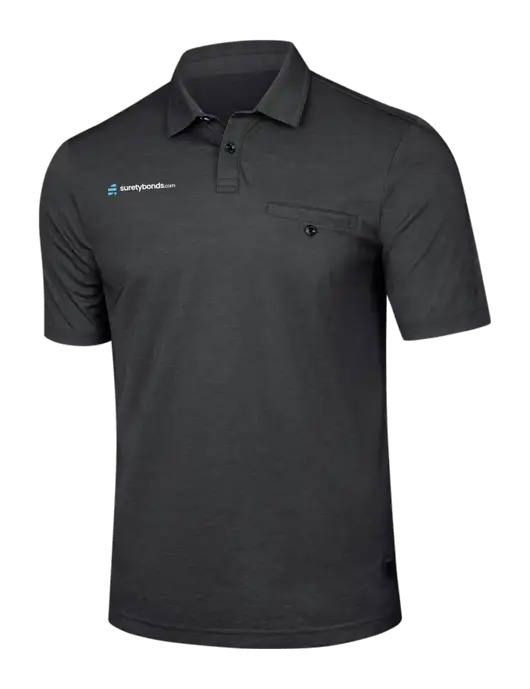 TravisMathew Black Heather Sunsetters Pocket Polo w/SuretyBonds.com Logo