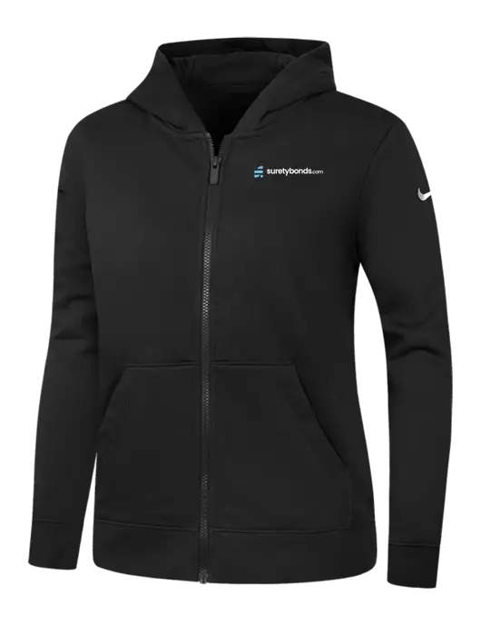 Nike Womens Club Fleece Sleeve Swoosh Full-Zip Black Hoodie w/SuretyBonds.com Logo