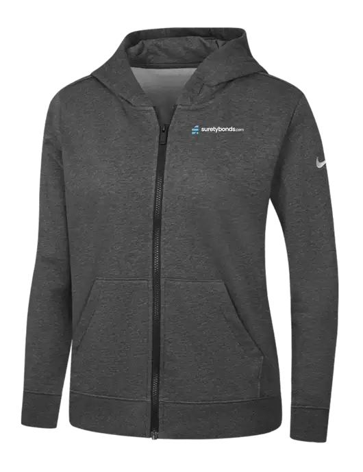 Nike Womens Club Fleece Sleeve Swoosh Full-Zip Charcoal Heather Hoodie w/SuretyBonds.com Logo