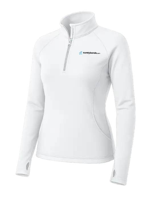 White Womens Sport Wick Stretch 1/4 Zip Pullover w/SuretyBonds.com Logo