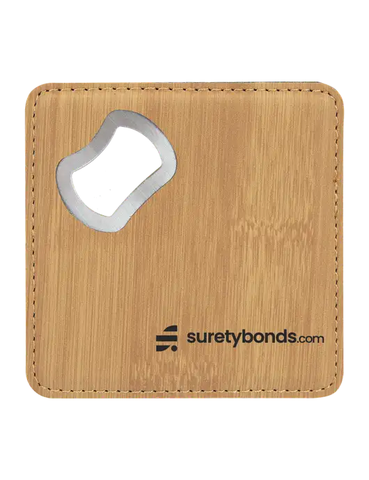 Bamboo Leatherette Coaster with Bottle Opener w/SuretyBonds.com Logo