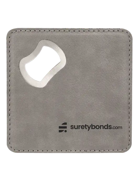 Grey Leatherette Coaster with Bottle Opener w/SuretyBonds.com Logo