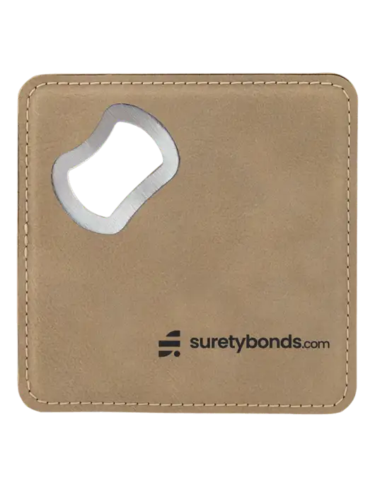 Tan Leatherette Bottle Opener Coaster w/SuretyBonds.com Logo
