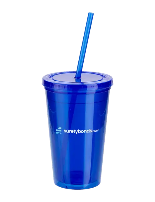 Sorrento Blue 16 oz Tumbler with Lid & Straw w/SuretyBonds.com Logo