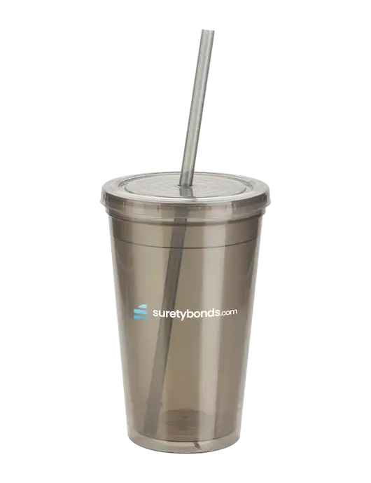 Sorrento Medium Grey 16 oz Tumbler with Lid & Straw w/SuretyBonds.com Logo