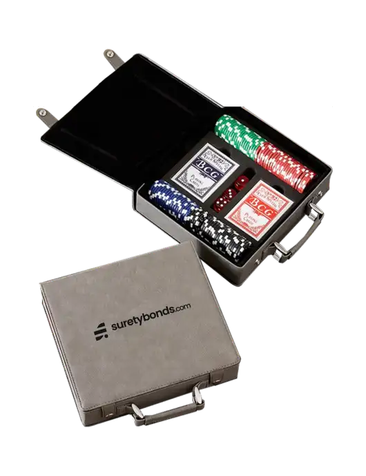 Grey Leatherette 100 Chip Poker Set w/SuretyBonds.com Logo