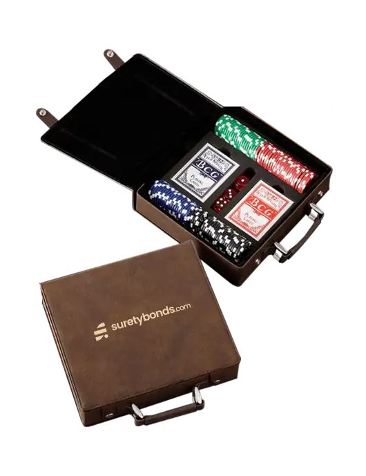 Rustic Leatherette 100 Chip Poker Set w/SuretyBonds.com Logo
