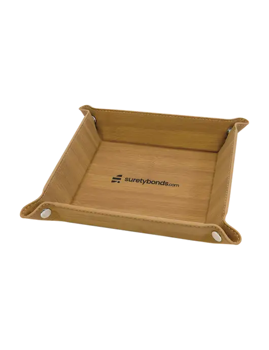 Bamboo Leatherette Valet Tray, 6 x 6 w/SuretyBonds.com Logo