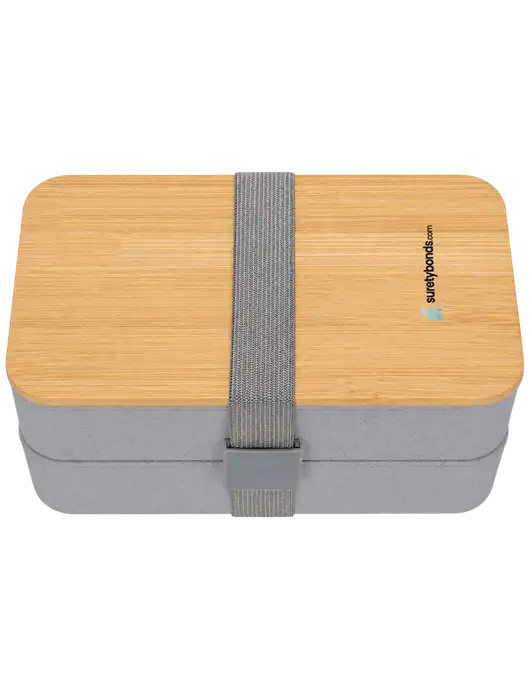 Double Decker Light Medium Grey Lunch Box w/Eco-Friendly FSC Bamboo Lid & Reusable Utensils w/SuretyBonds.com Logo