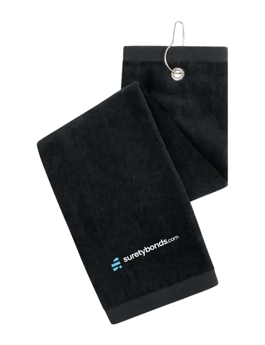 Black Tri-Fold Golf Towel with Grommet w/SuretyBonds.com Logo