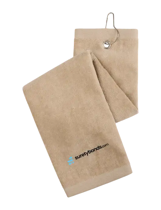 Khaki Tri-Fold Golf Towel with Grommet w/SuretyBonds.com Logo